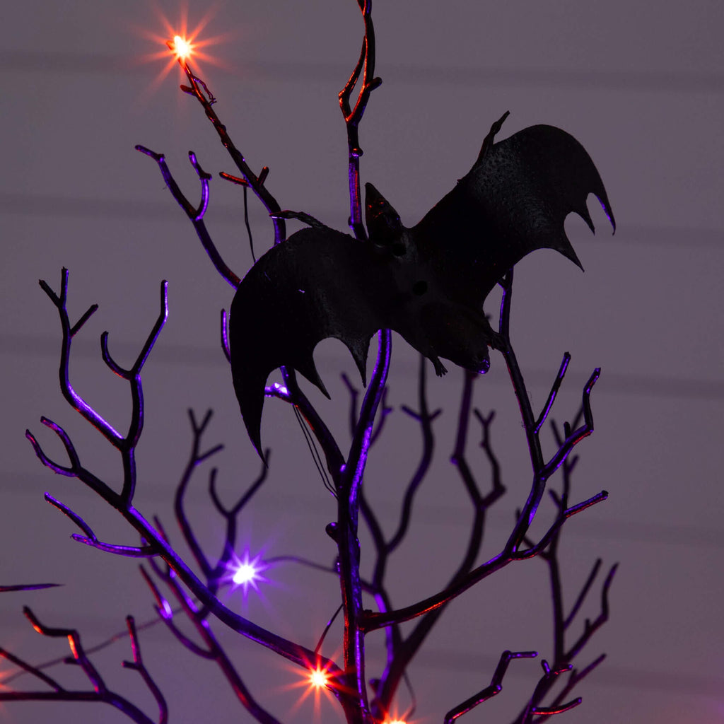 2' Pre-Lit Artificial Halloween Black Spooky Twig Tree with Bats and 40 Orange & Purple LED Lights