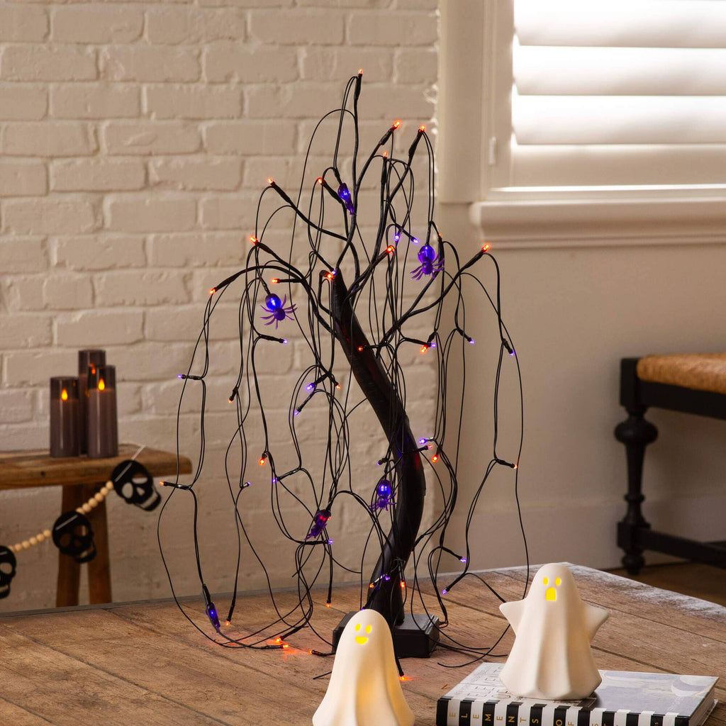 2' Pre-Lit Halloween Artificial Black Spooky Spider Willow Tree with 60 Orange & Purple LED Lights