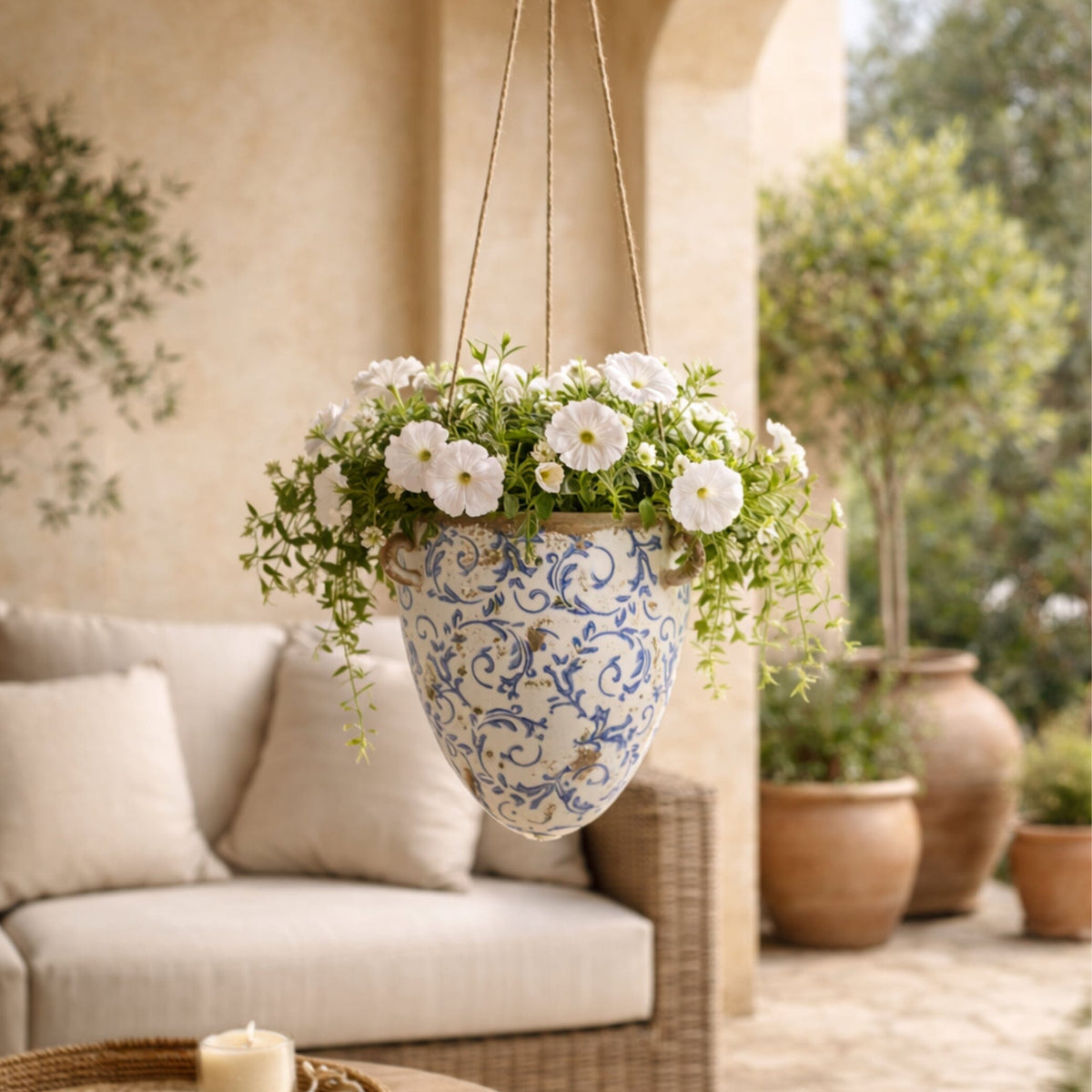 2’ Tuscan Hanging Ceramic Scroll Planter