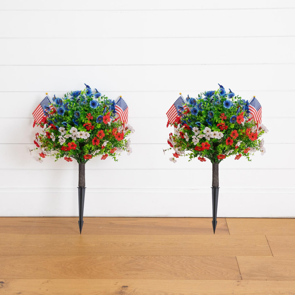 2' UV Resistant Artificial Red, White and Blue Flowering Daisy Bush with Integrated Ground Stake (Indoor/Outdoor) - Set of 2