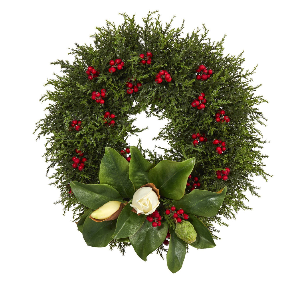 20” Cedar, Berries and Magnolia Artificial Christmas Wreath