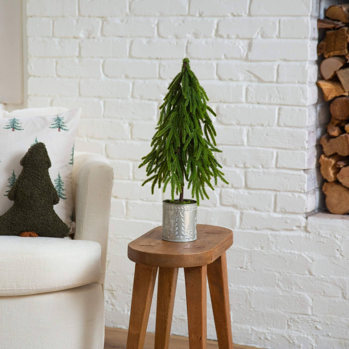 20" Artificial Real Touch Down Swept Norfolk Island Pine in Christmas Tin Metal Planter with Natural Look