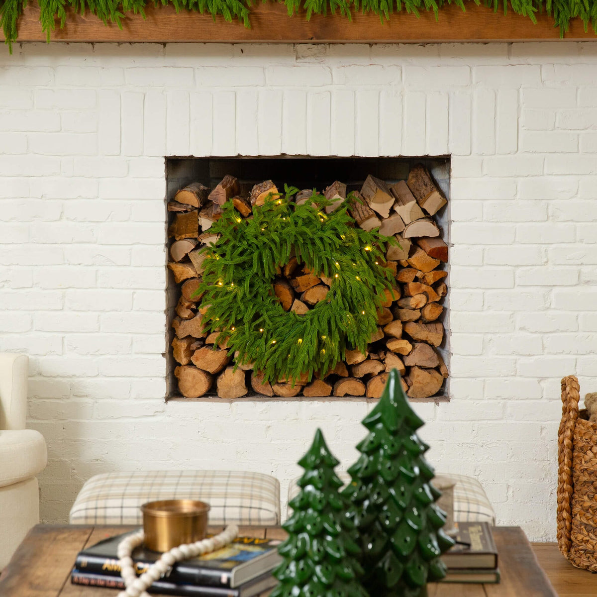 20" Pre-Lit Artificial Real Touch Norfolk Island Pine Wreath with 35 Warm White LED Lights and Natural Look