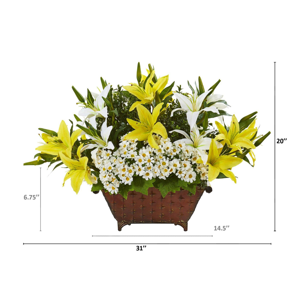 20” Lilly and Daisy Artificial Arrangement in Metal Planter