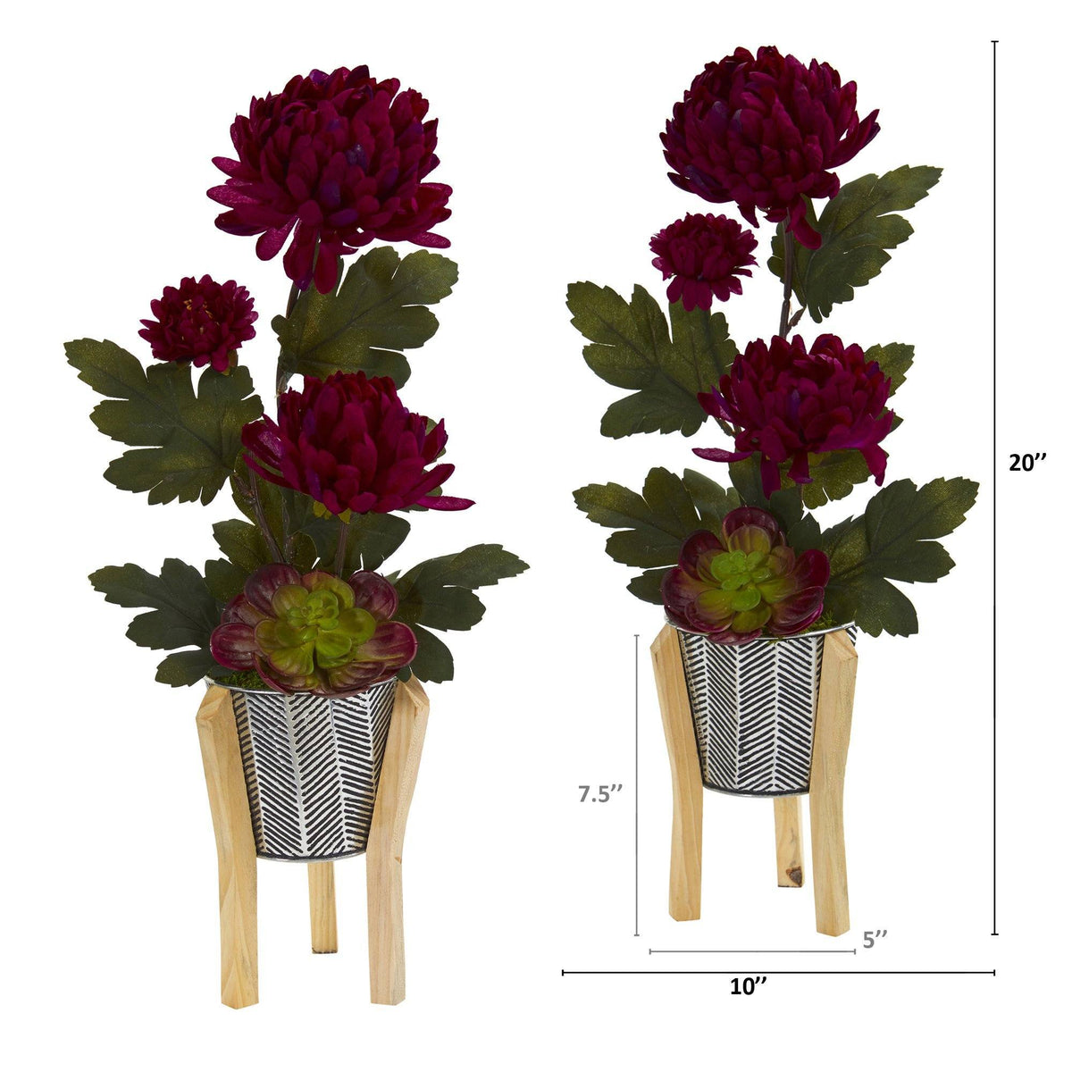 20” Mum and Succulent Artificial Arrangement in Tin Planter with Legs (Set of 2)