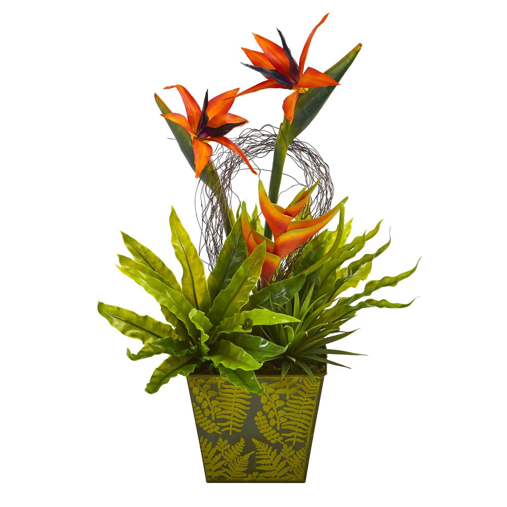 20” Tropical and Succulent Artificial Arrangement in Green Vase