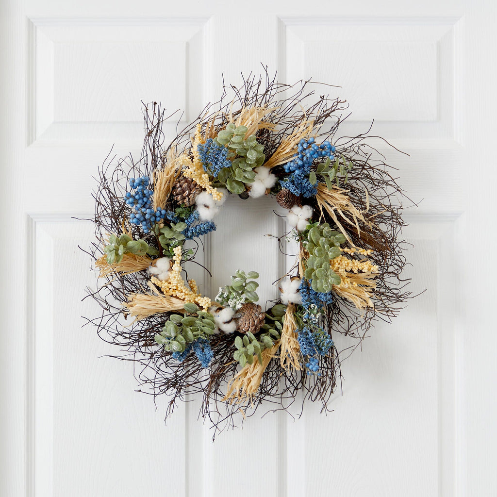 22” Autumn Cotton, Eucalyptus, Berries and Pinecones Artificial Fall Wreath