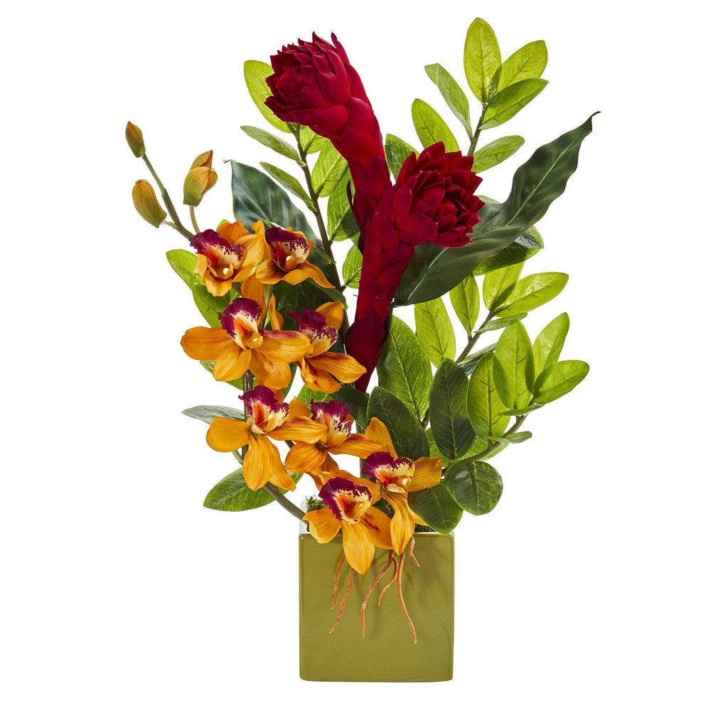 22” Cymbidium Orchid, Ginger and Zamioculcas Artificial Arrangement in Green Vase