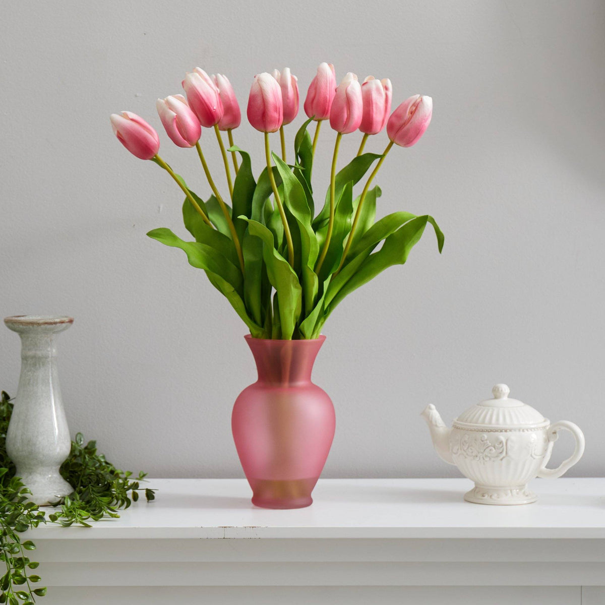 22” Dutch Tulip Artificial Arrangement in Rose Colored Vase