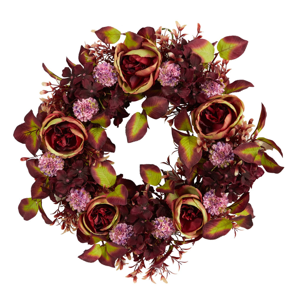 22” Mixed Fall Rose and Hydrangea Autumn Artificial Wreath