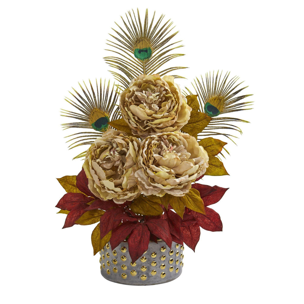 22” Peony and Peacock Feather Artificial Arrangement in Bowl with Gold Trimming