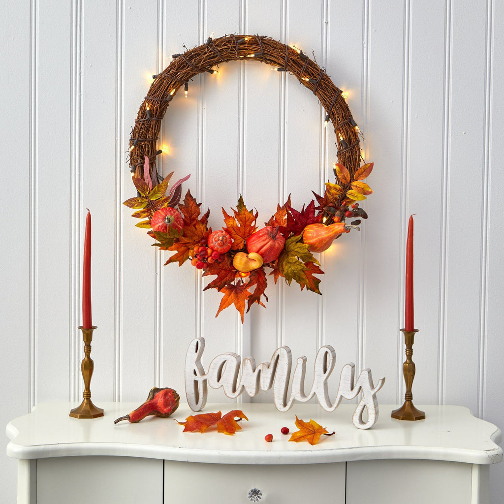 22” Pumpkin and Maple Artificial Autumn Wreath with 50 Warm White LED Lights