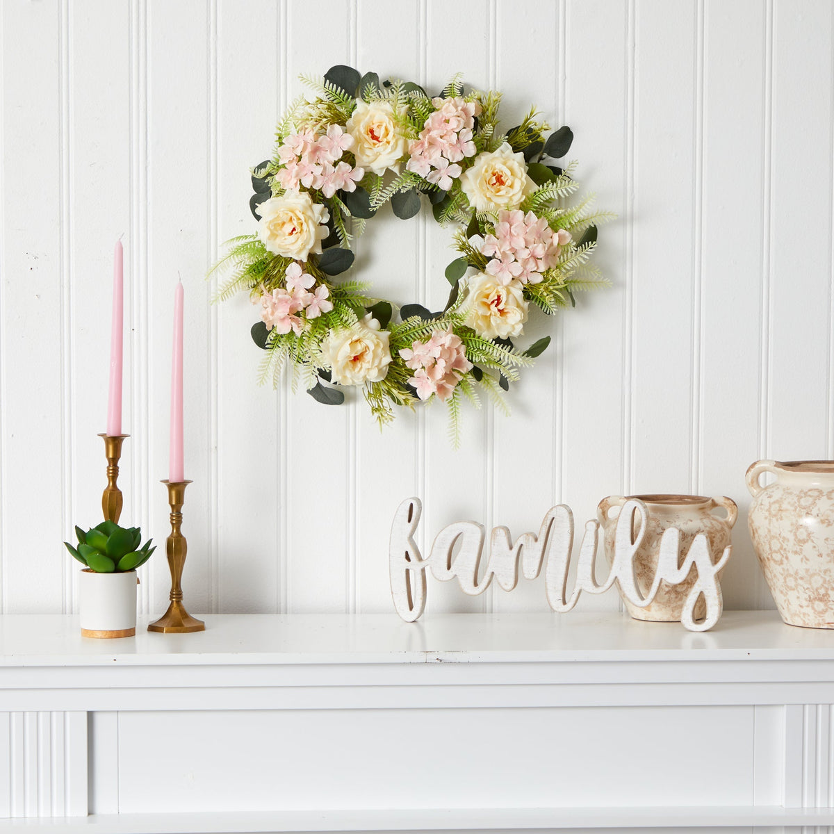 22” Rose and Hydrangea Artificial Wreath