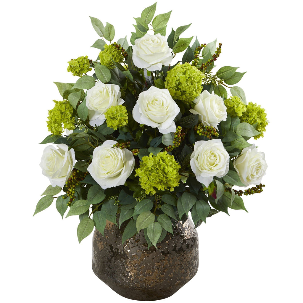 22” Rose and Snowball Hydrangea Artificial Arrangement in Designer Vase