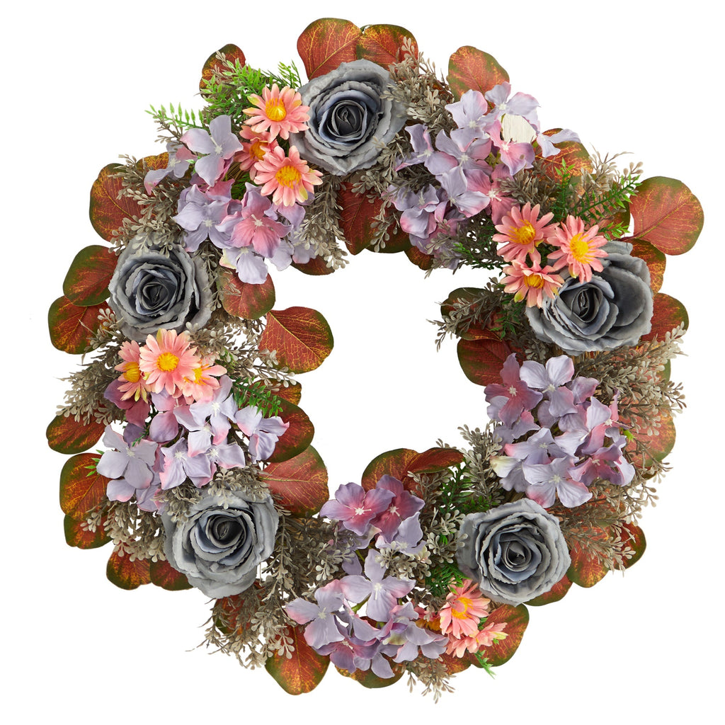 22” Silver Rose and Purple Hydrangea Artificial Wreath