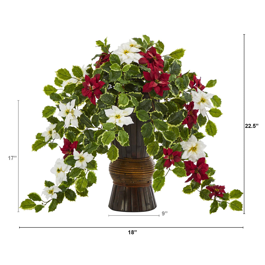 22.5” Poinsettia and Holly Artificial Plant in Decorative Planter (Real Touch)