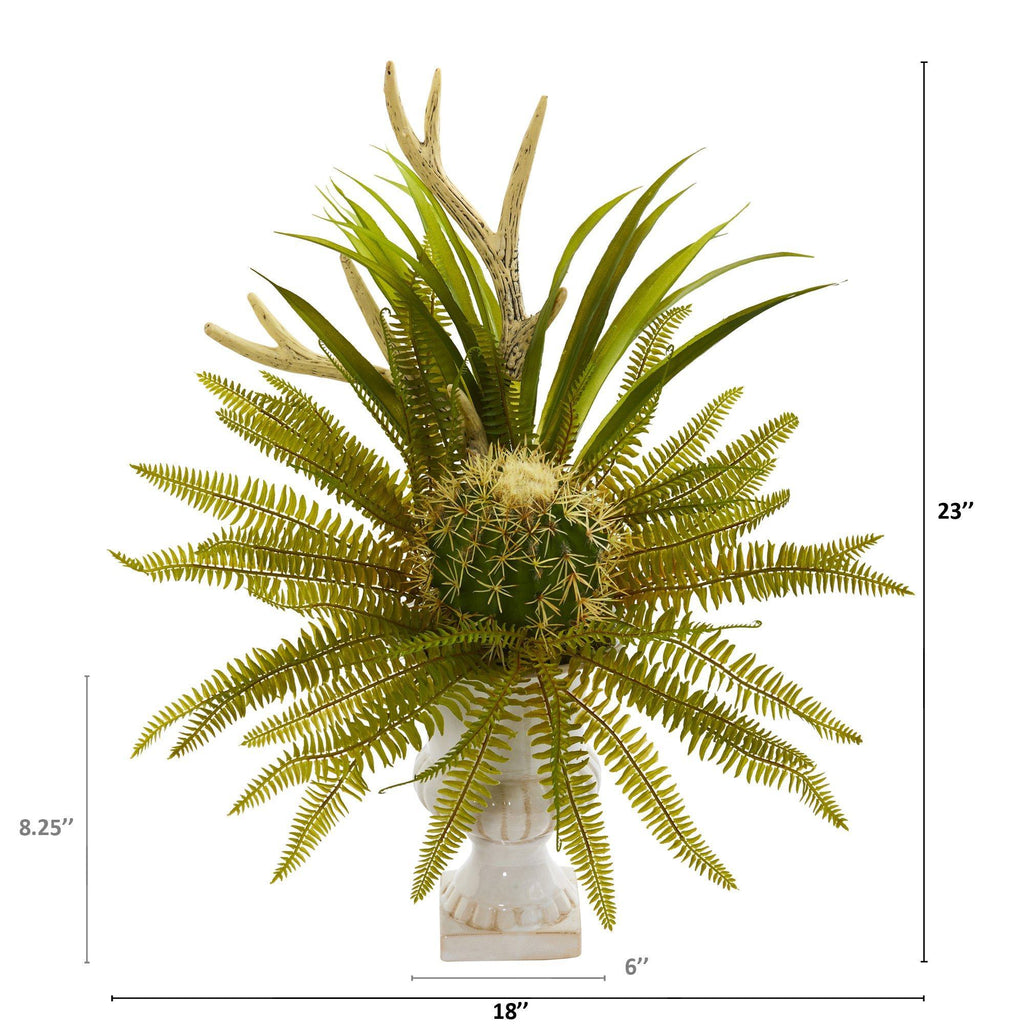 23” Cactus and Fern Artificial Plant in White Urn