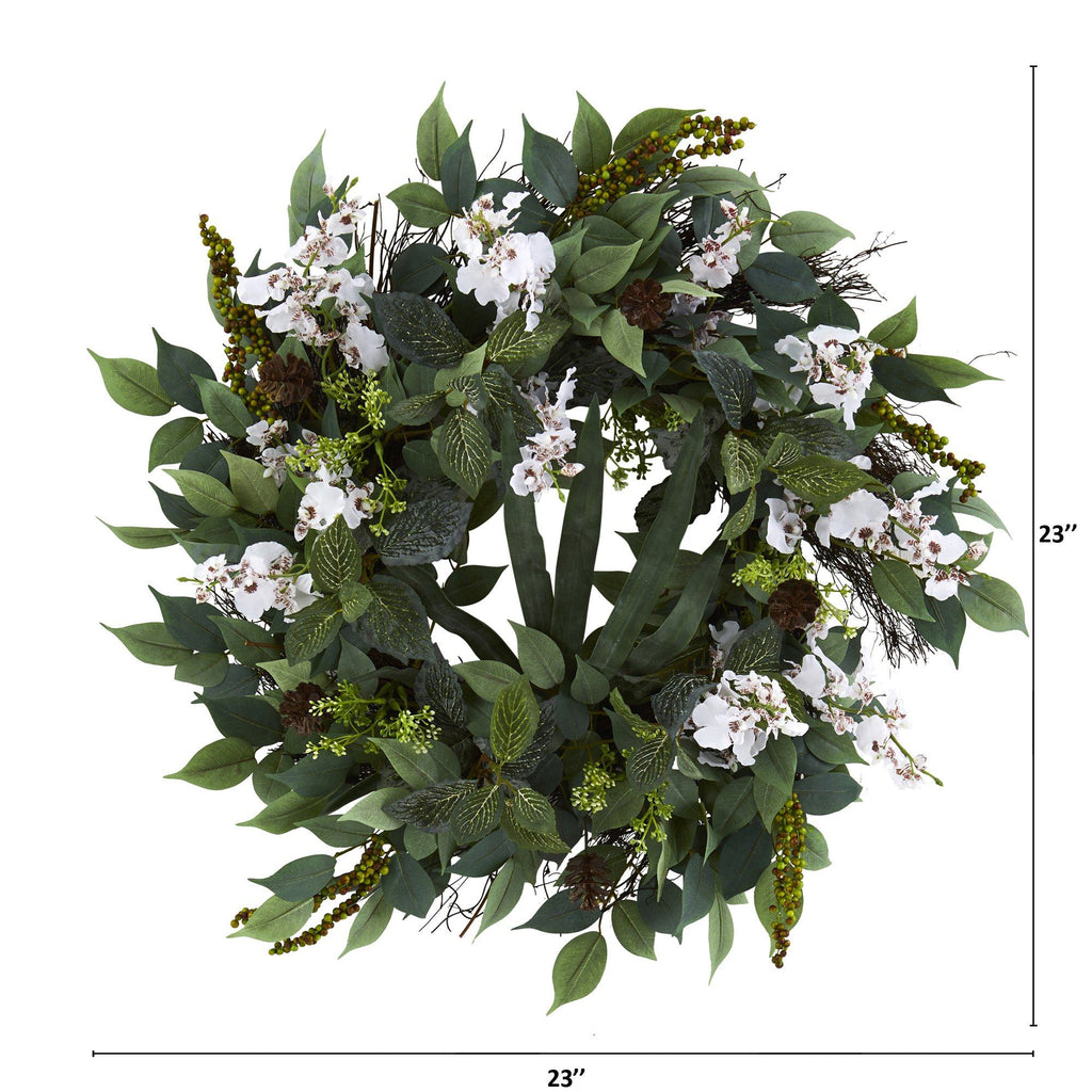 23” Mixed Greens and Dancing Lady Orchid Artificial Wreath