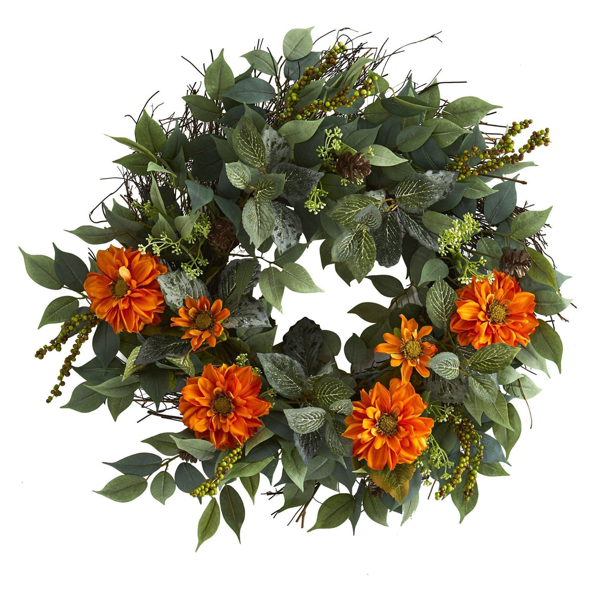 23” Mixed Greens and Zinnia Artificial Wreath