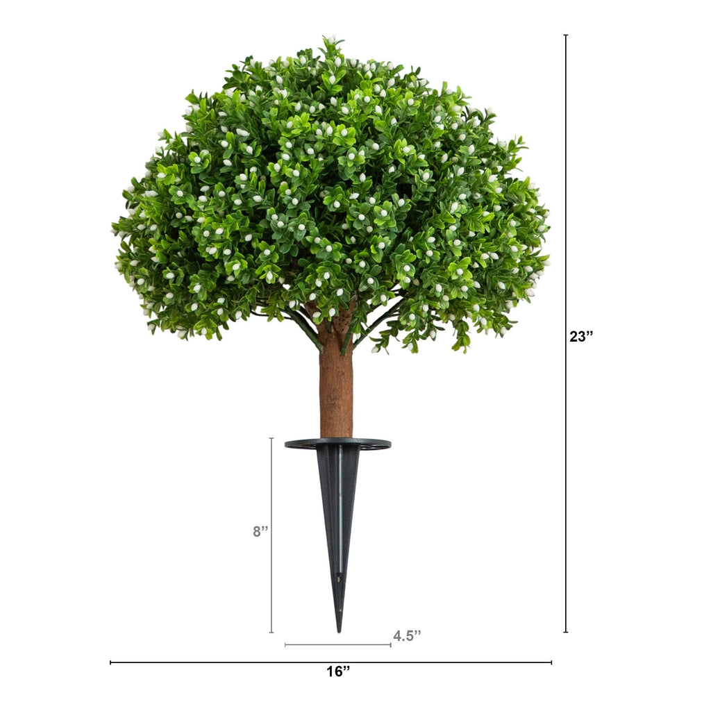 23" UV Resistant Artificial Flowering Boxwood Topiary with Integrated Ground Stake (Indoor/Outdoor)