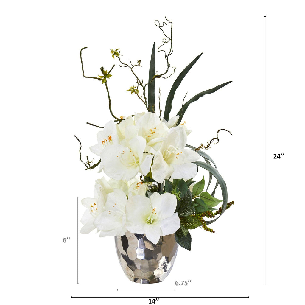 24” Amaryllis and Mixed Greens Arrangement in Silver Bowl