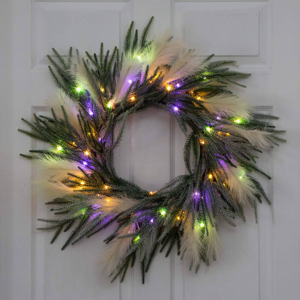 24" Artificial Balsma Fir Pine and Pampas Wreath with 50 Color Changing LED Lights