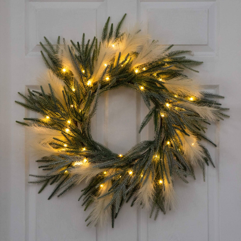 24" Artificial Balsma Fir Pine and Pampas Wreath with 50 Color Changing LED Lights