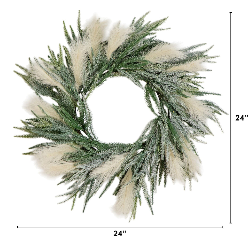 24" Artificial Balsma Fir Pine and Pampas Wreath with 50 Color Changing LED Lights