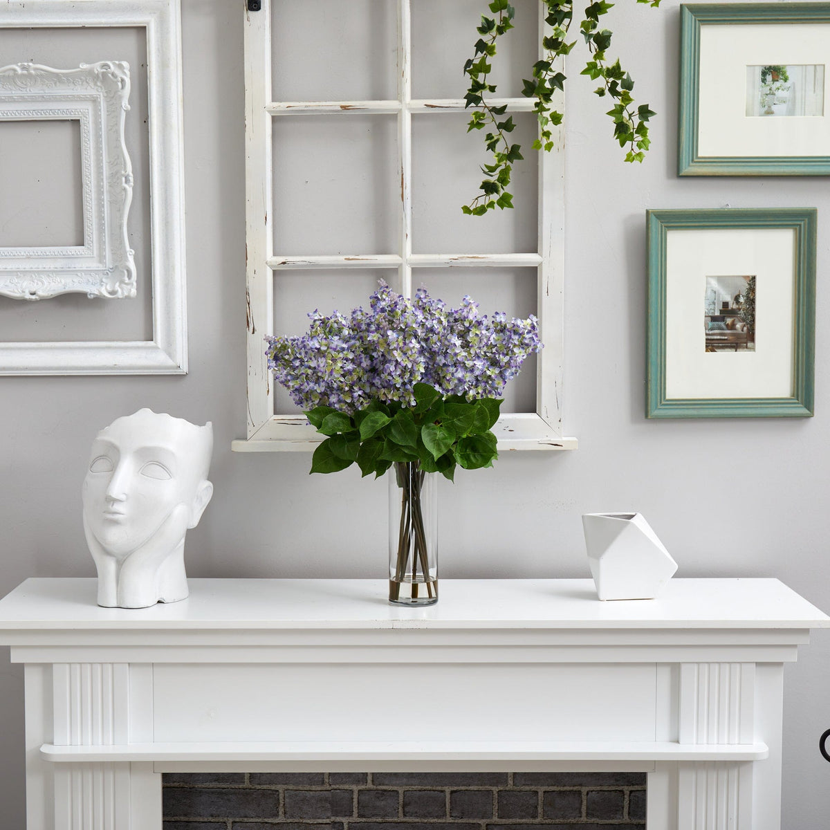 24” Artificial Lilac  Arrangement with  Cylinder Glass Vase