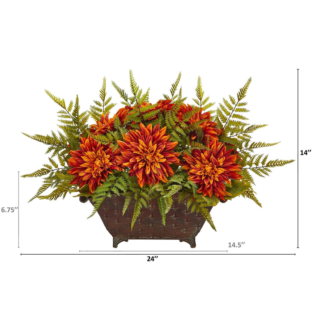 24” Dahlia and Fern Artificial Arrangement in Metal Planter