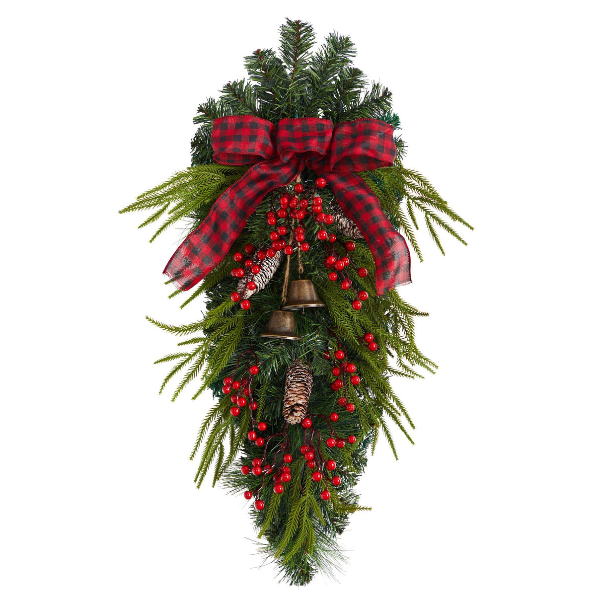 24” Holiday Christmas Pine Cones, Berry and Bells Teardrop