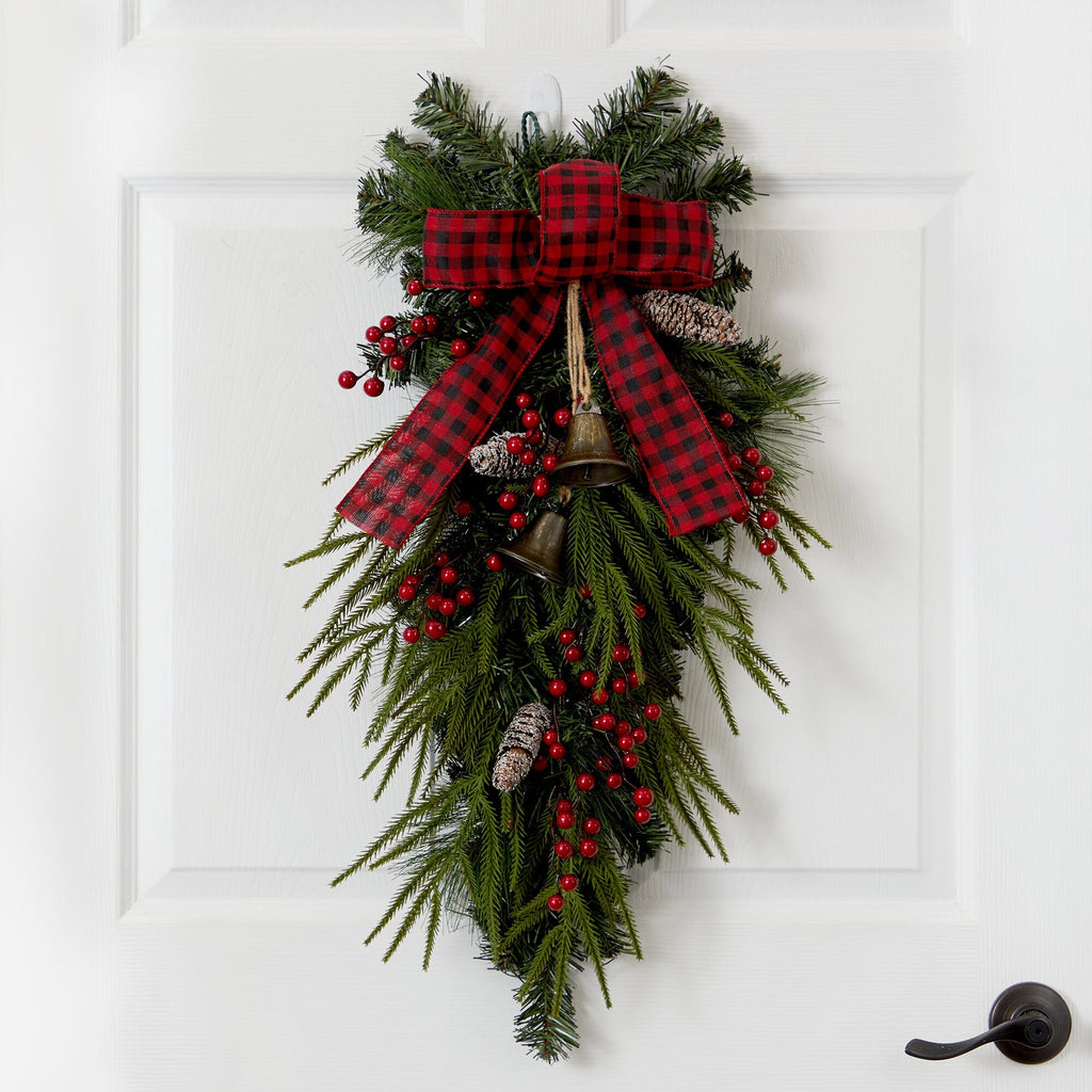 24” Holiday Christmas Pine Cones, Berry and Bells Teardrop