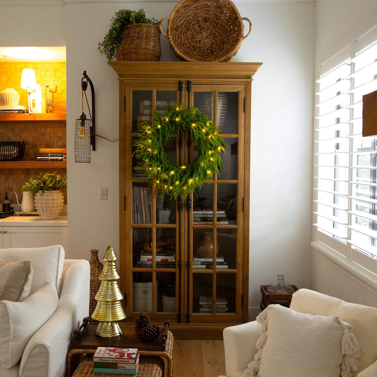 24" Pre-Lit Artificial Real Touch Norfolk Island Pine Wreath with 50 Warm White LED Lights and Natural Look
