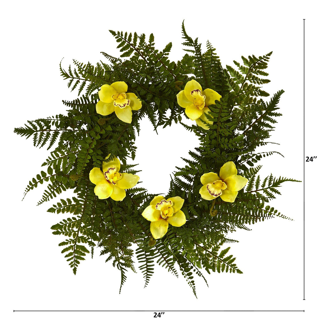 24” Cymbidium Orchid and Mixed Fern Artificial Wreath