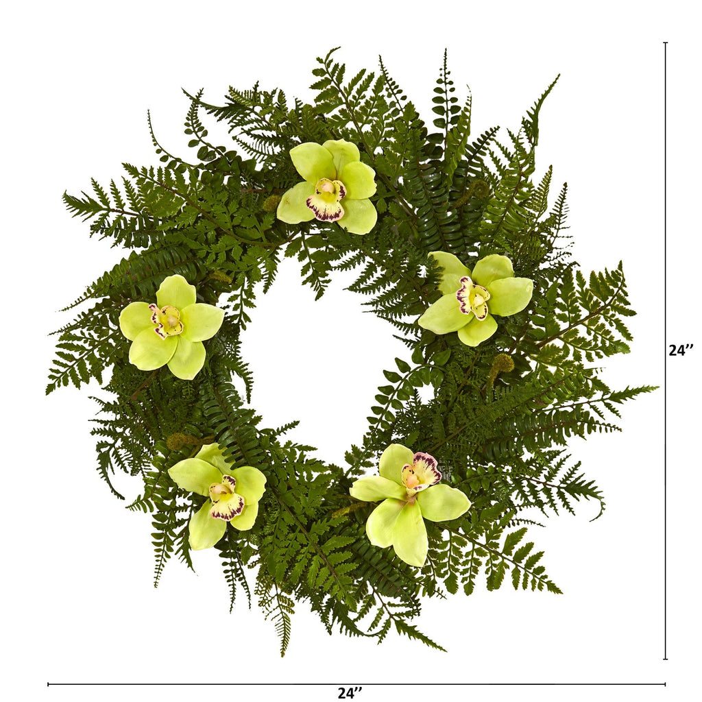 24” Cymbidium Orchid and Mixed Fern Artificial Wreath