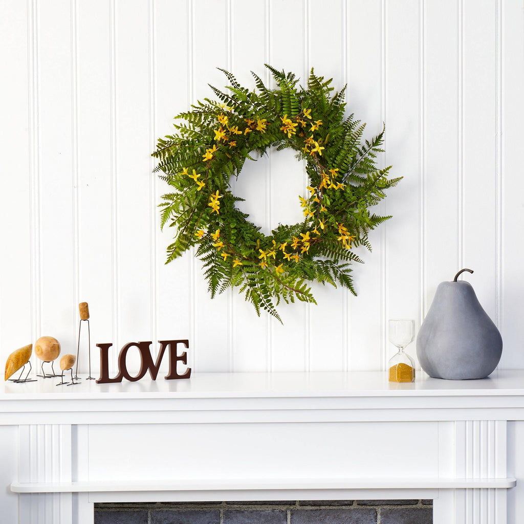 24” Mixed Fern and Forsythia Artificial Wreath