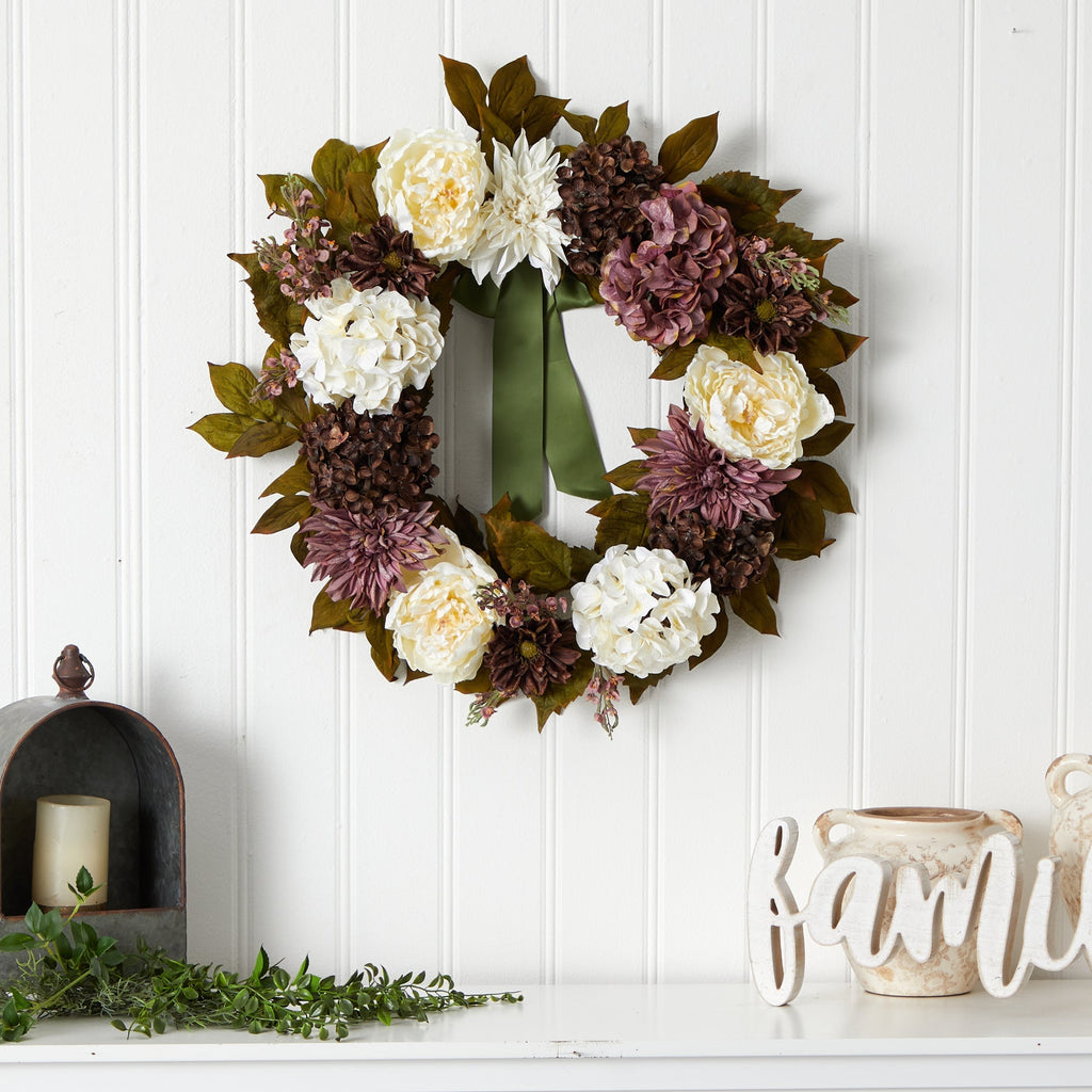 24” Artificial Peony, Dahlia and Hydrangea Wreath