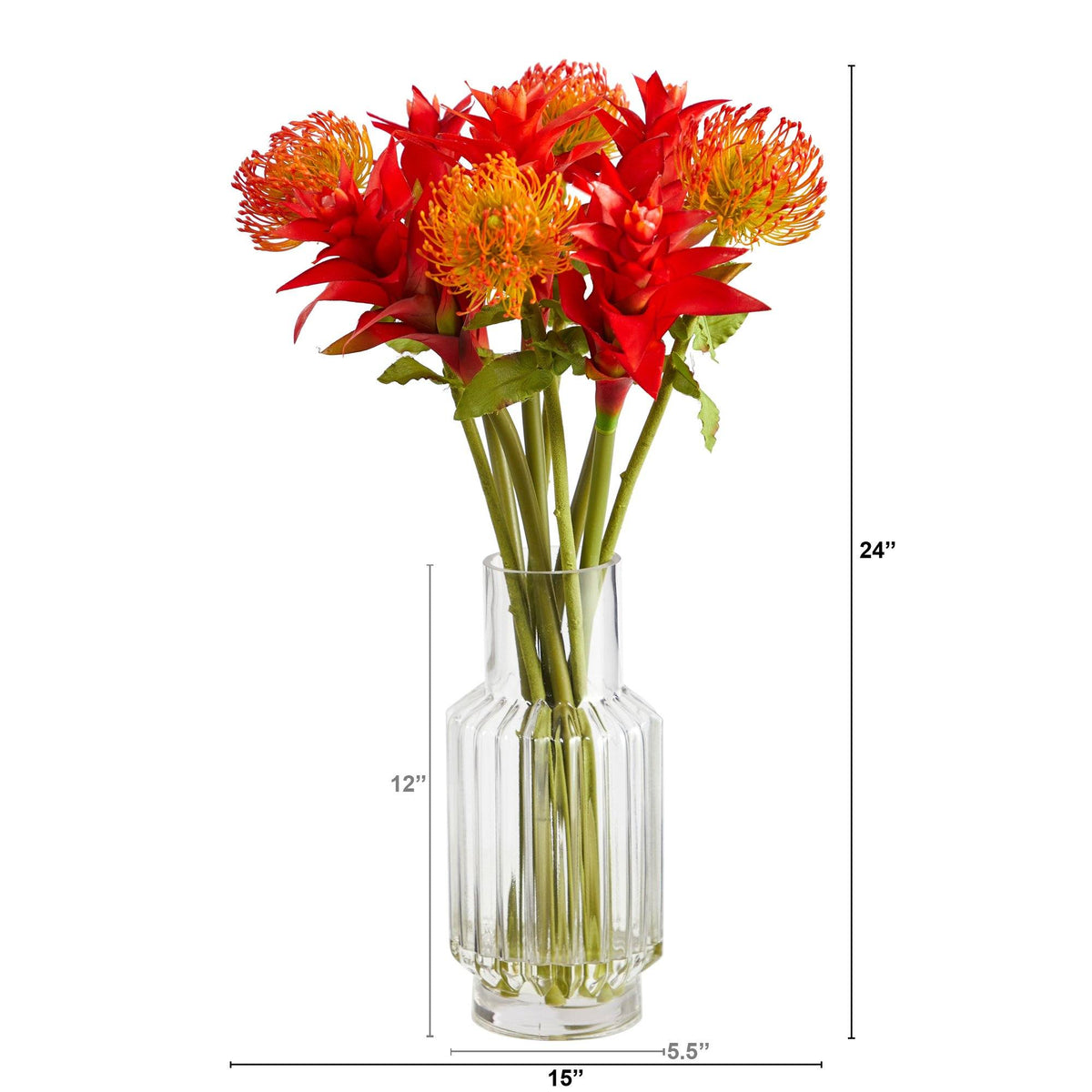 24” Pincushion and Star Bromeliad Artificial Arrangement in Glass Vase
