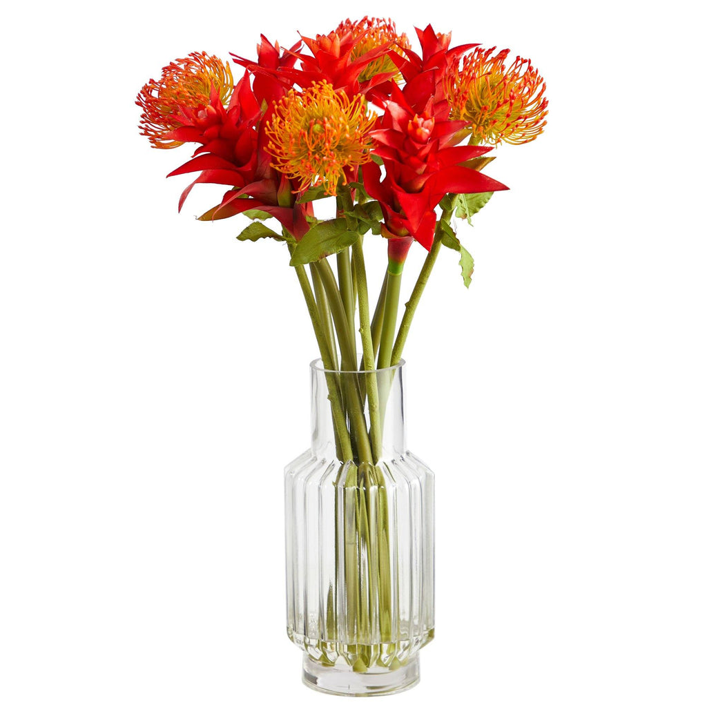 24” Pincushion and Star Bromeliad Artificial Arrangement in Glass Vase