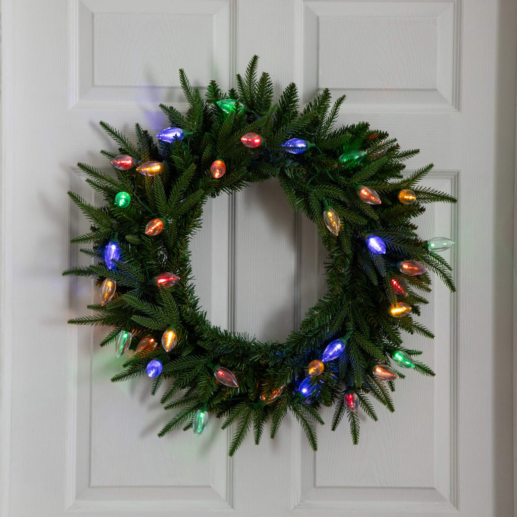 24" Pre-Lit Artificial Luxembourg Pine Christmas Wreath with 35 Multicolored Traditional Bulb LED Lights