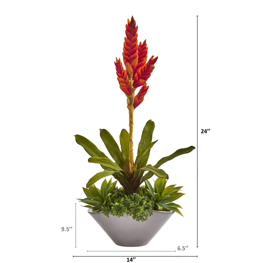 24” Tropical Bromeliad and Agave Artificial Plant in Gray Planter