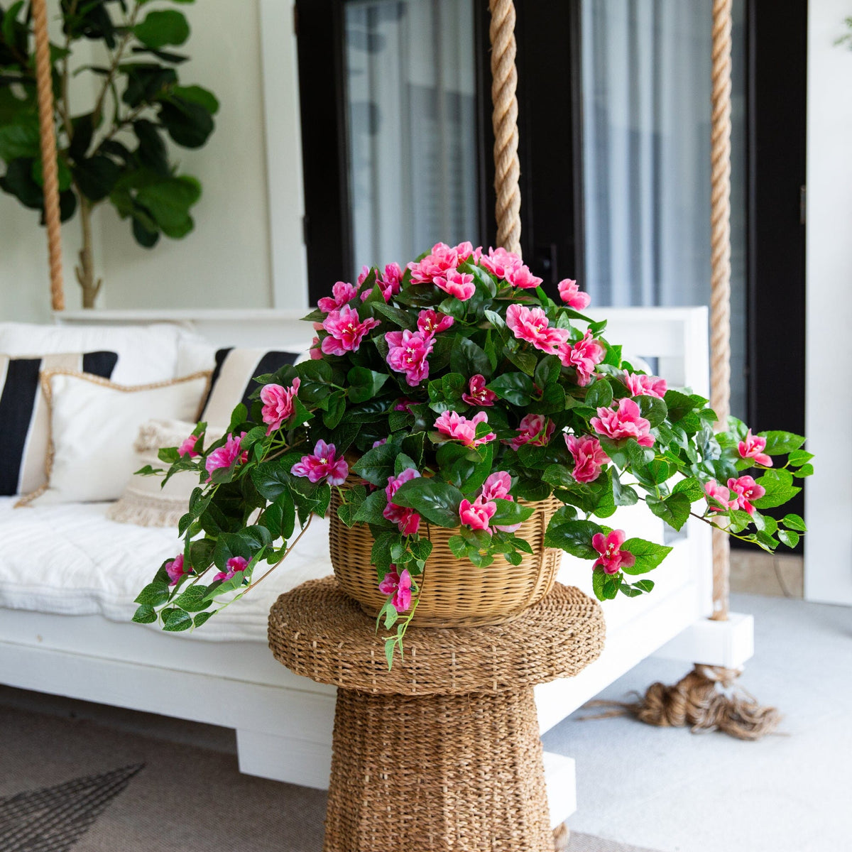 24" UV Resistant Artificial Azalea Hanging Plant (Indoor/Outdoor) - Set of 3