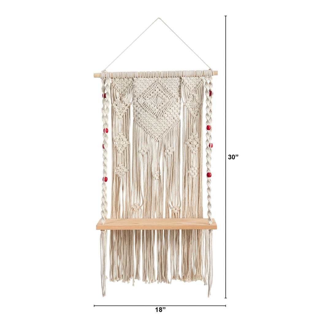 2.5’ x 1.5’ Bohemian Macrame Wall Hanging with Wooden Shelf