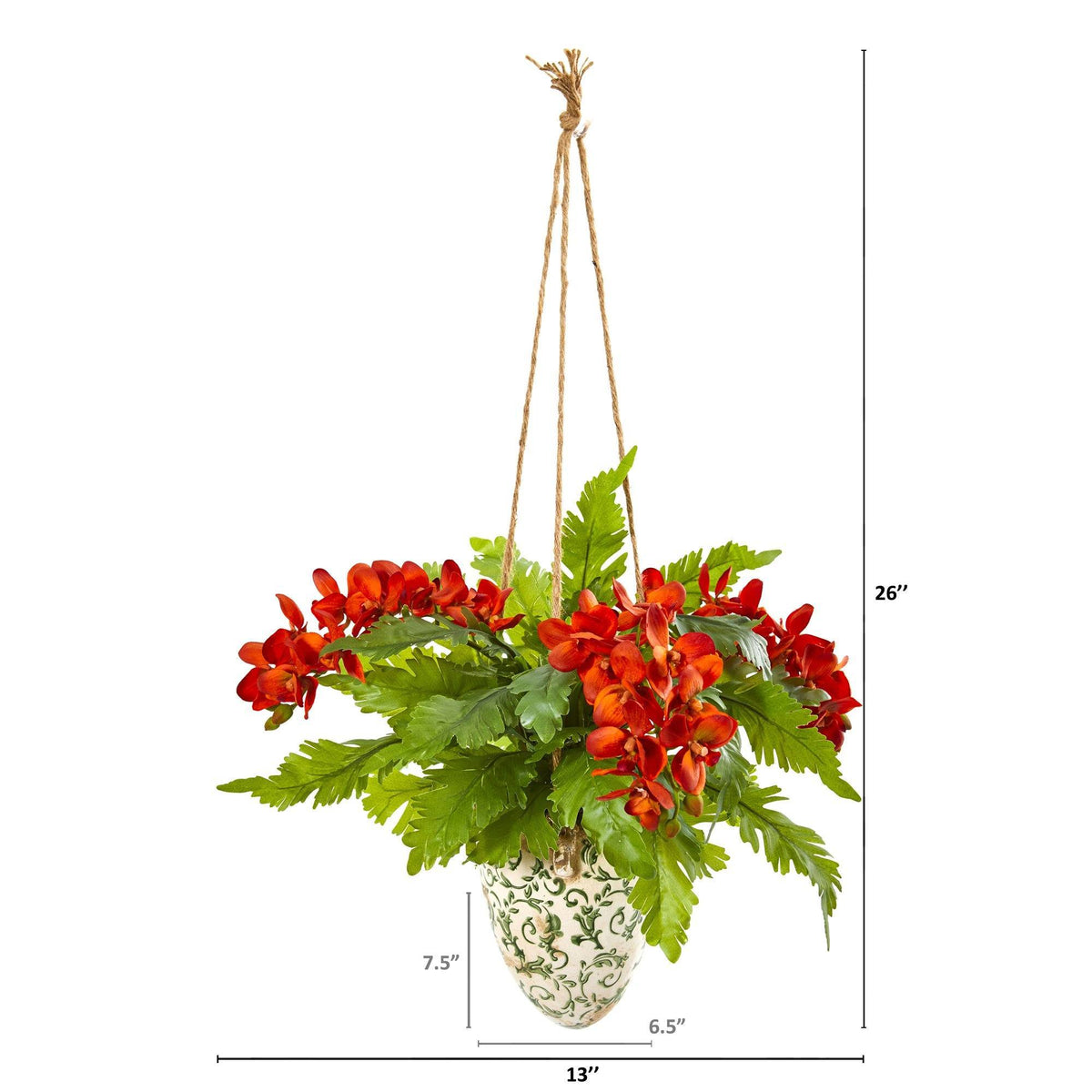 26” Phalaenopsis Orchid and Fern Plant in Hanging Vase