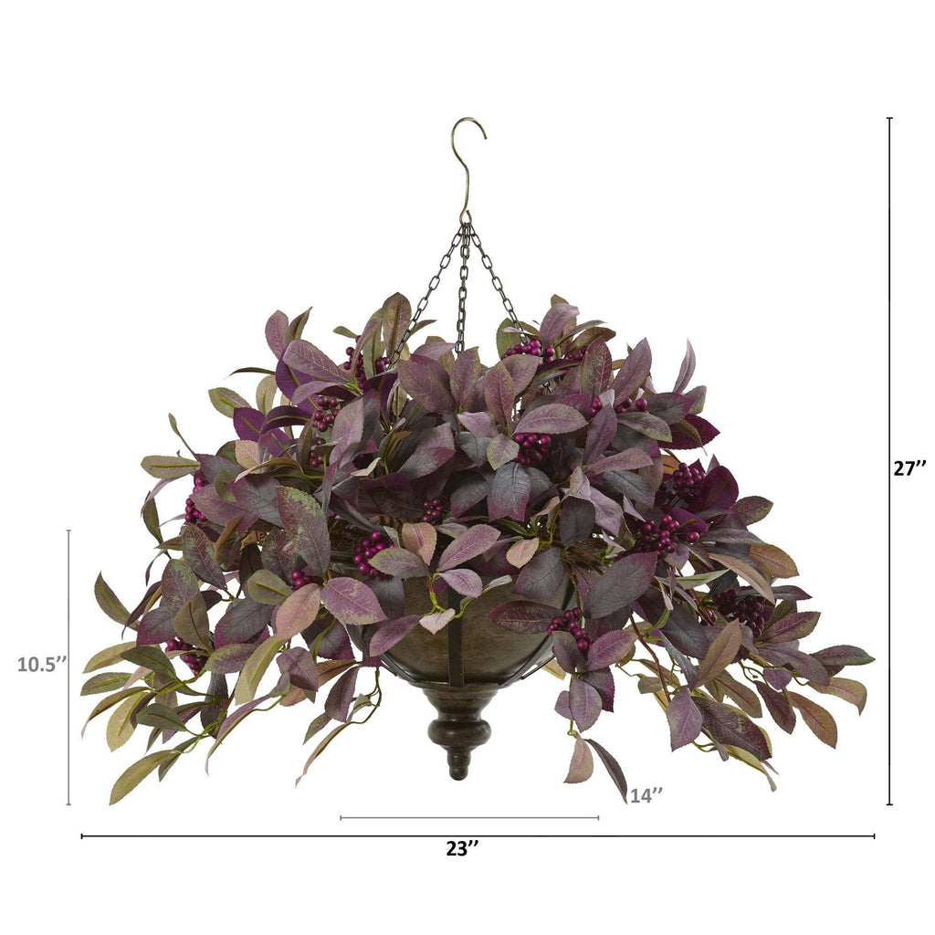 27” Fall Laurel Leaf with Berries Artificial Plant in Metal Hanging Bowl