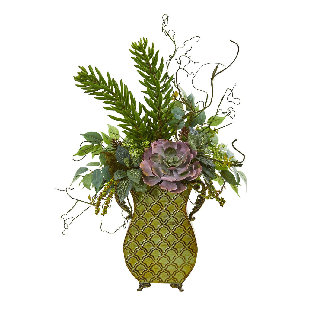 27” Succulent and Greens Artificial Plant in Metal Planter