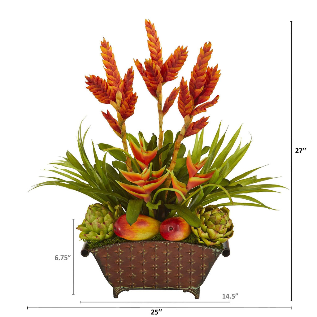 27” Tropical and Faux Fruit Artificial Arrangement in Metal Planter