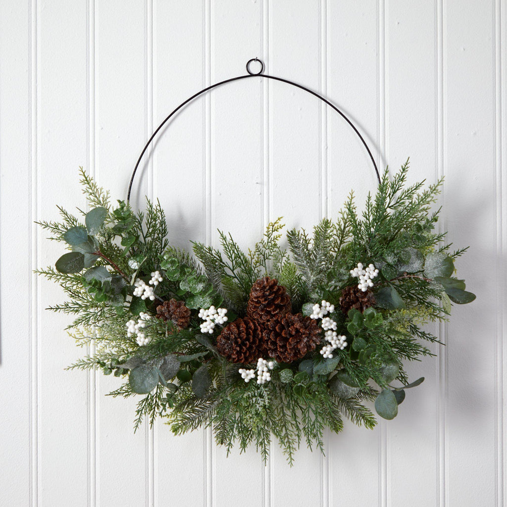 28” Christmas Pine, Eucalyptus, and Berries Metal Circlet Artificial Wreath