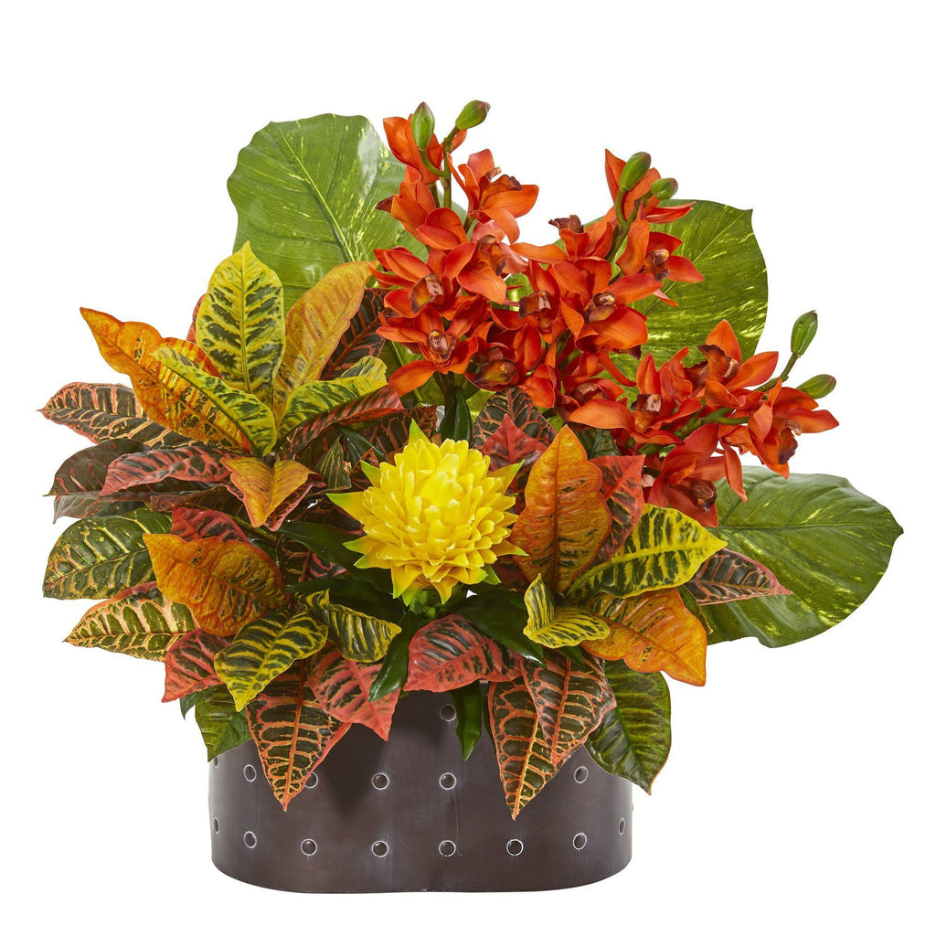 28” Cymbidium Orchid, Bromeliad, Croton and Pothos Artificial Plant
