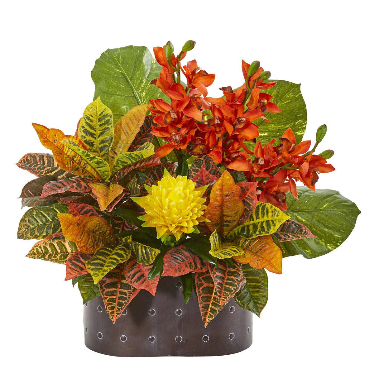 28” Cymbidium Orchid, Bromeliad, Croton and Pothos Artificial Plant